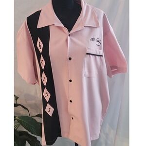 Graceland Elvis Presley Mens Pink Bowling Shirt Rockabilly Musical Note XL